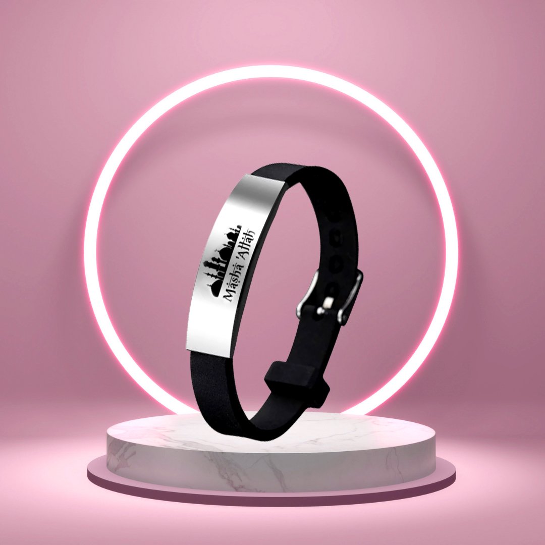 Silver-Plated Engraved Urdu Word Masha Allah PU Leather Bracelet for Men/Women image 1