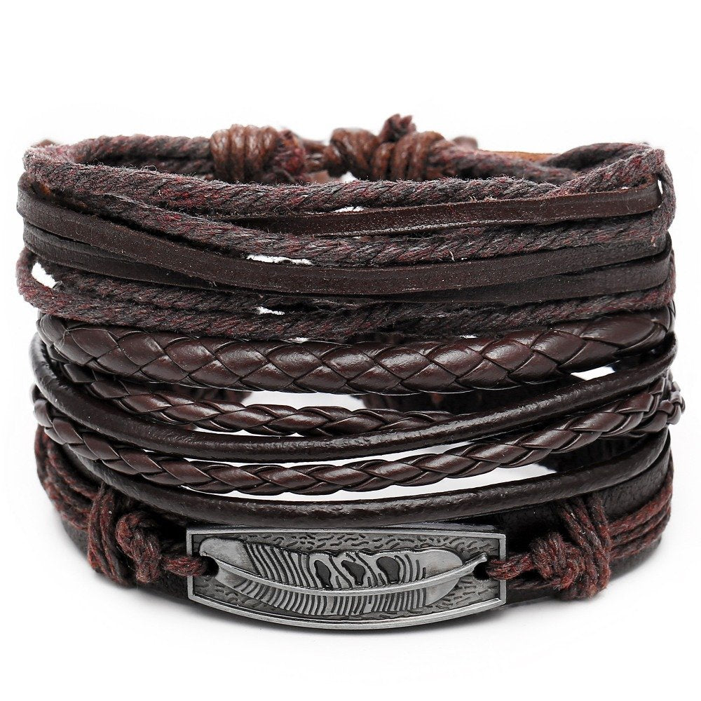 Bohemian Men's Oxidized Silver Feather Multistring Wrap Bracelet image 3