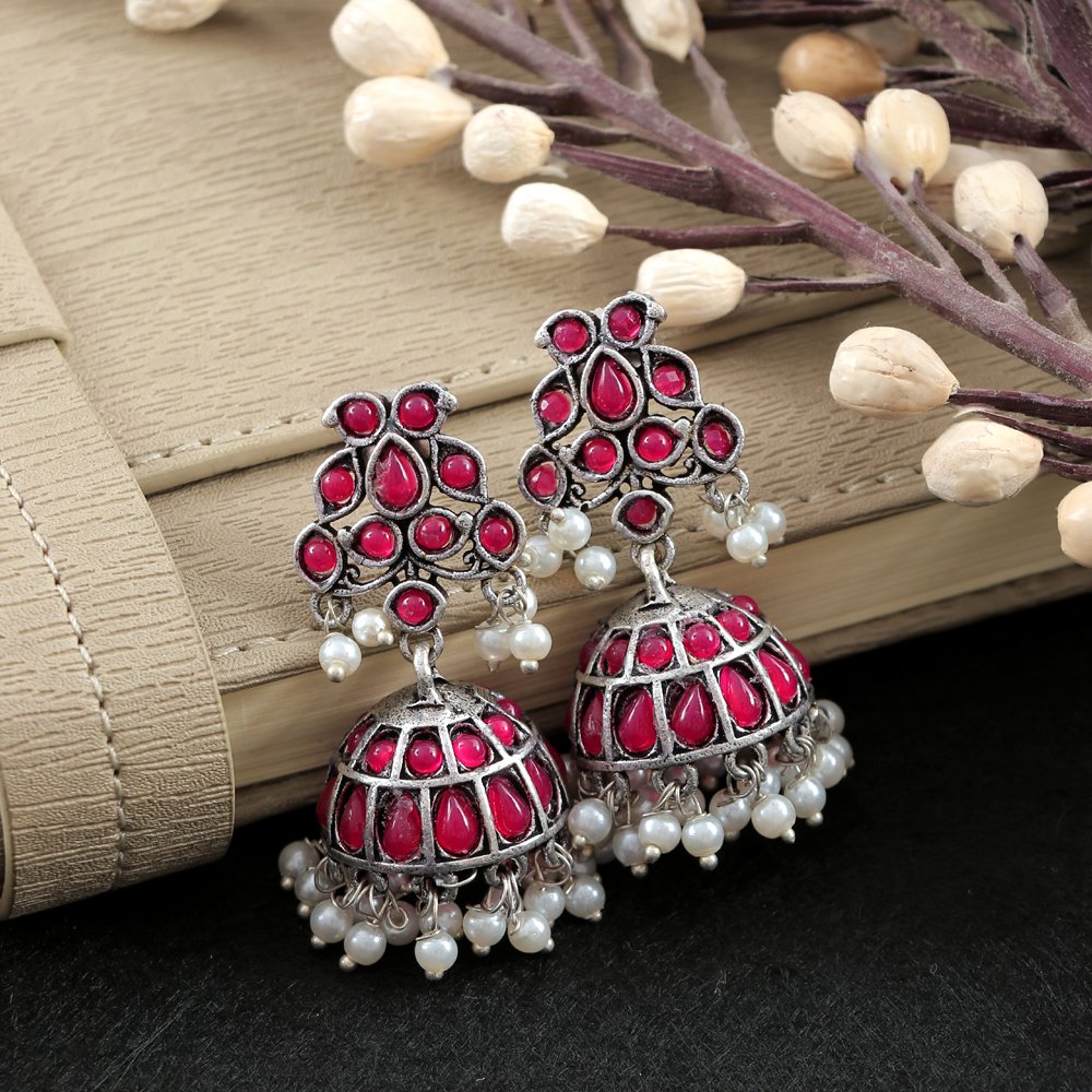 Oxidised Silver Pink Crystal /Pearl Jhumka Earrings image 0