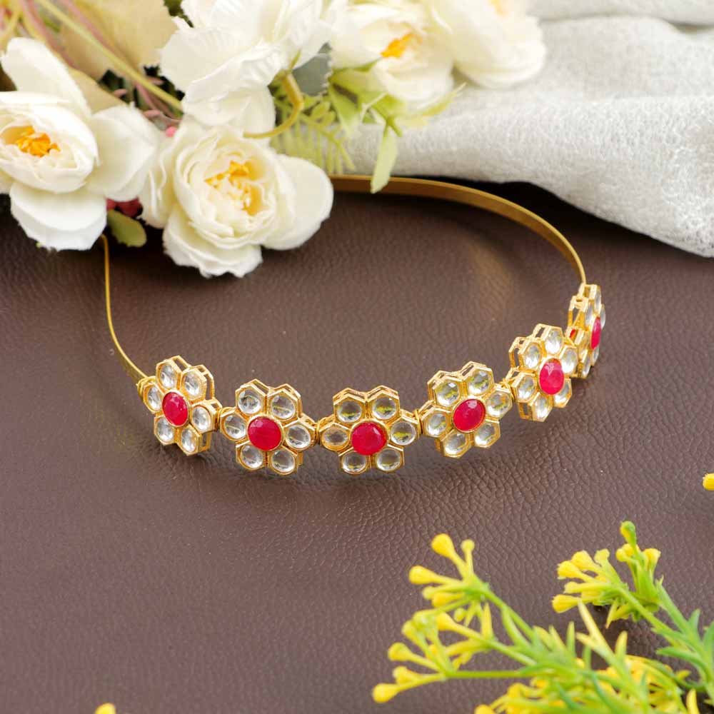 Kundan-Meenakari Floral Hairband Perfect Combo Set with Free Brooch Gift (Pack of-2) image 2