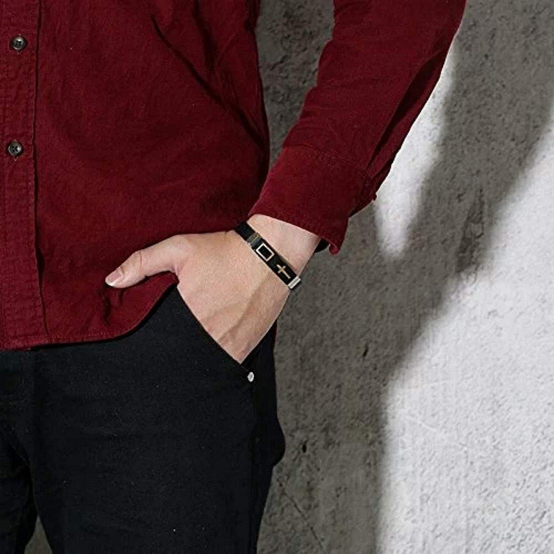 Men's Silver-Plated Mesh Cross Engraved Black P U Leather Raised Bracelet image 2