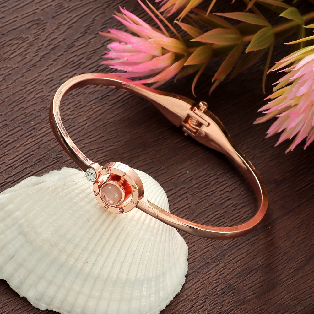 Rose-Gold Bracelet with 100 Language Black Crystal Clock image 0