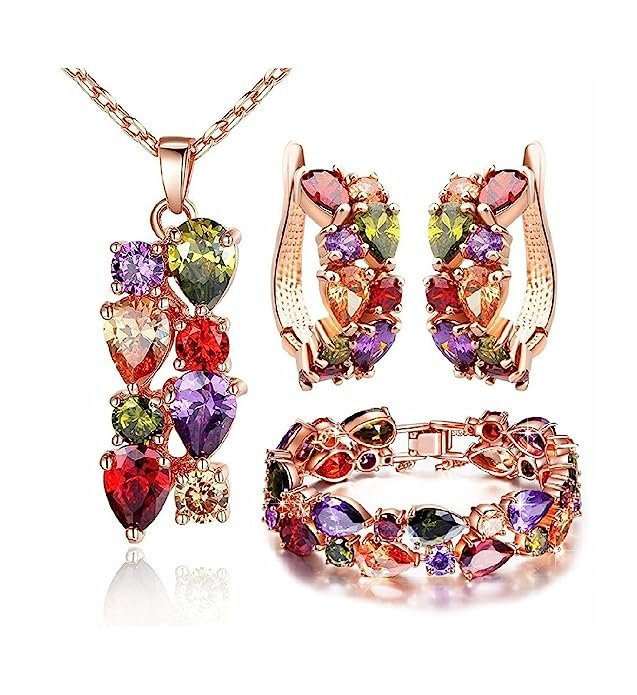 Gold-Plated Combo of Multicolor Crystal-Stud Pendant Set with Bracelet for Women/Girl image 5