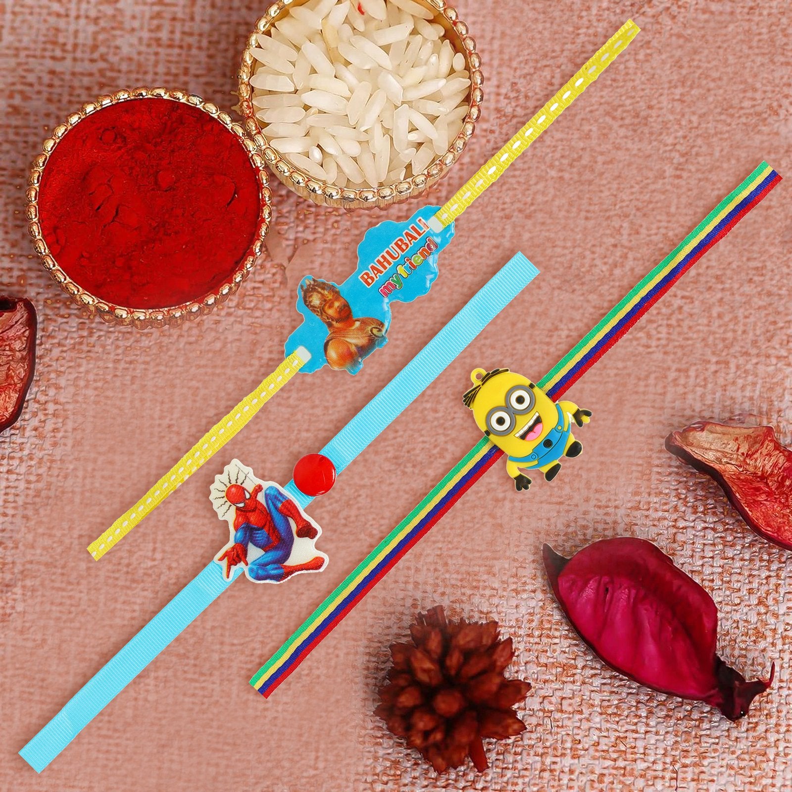 Combo of 3 Kids Favorite Spider Minions Babhubali Cartoon Rakhi image 0