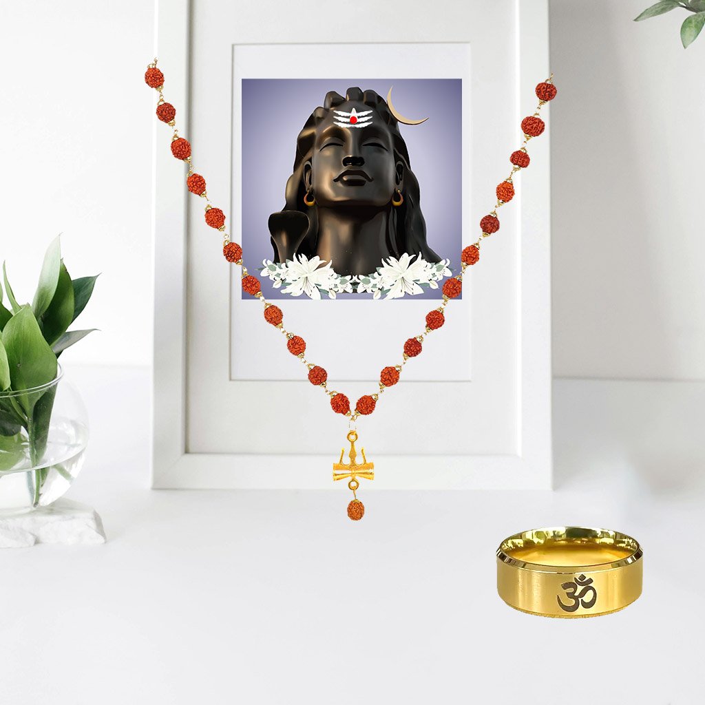 Men's Gold-Plated Rudraksh Trishul Pendant Necklace & OM Golden Ring Combo Set image 0