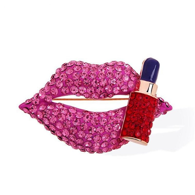 Hot Pink Stone Lips Lipstick Brooch For Women/Girls image 1