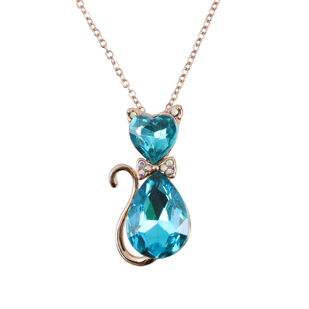Gold-Plated Blue Crystal Cat Shape Pendant Necklace For Women/Girl's image 2