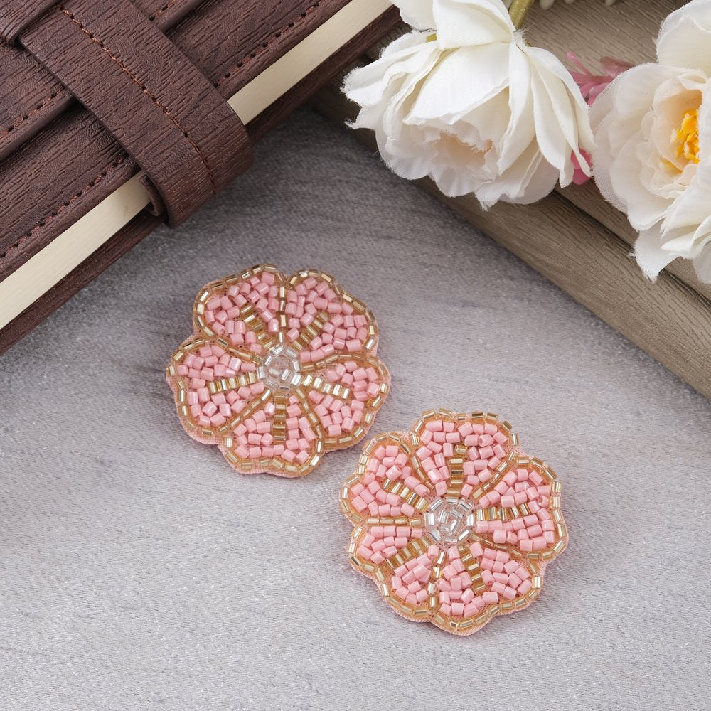 Handmade Peach Floral-Beaded Stud Earrings For Women/Girl's image 3