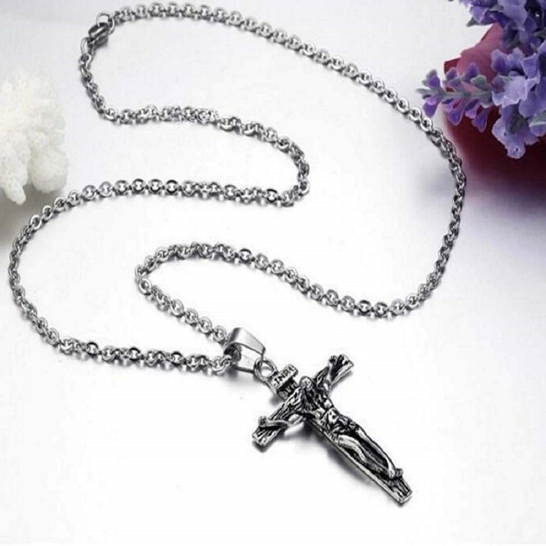 Oxidized Silver Jesus Cross Pendant Necklace image 0