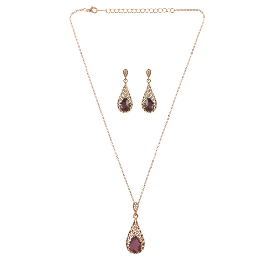 Gold-Plated Purple Crystal Retro Drop Necklace & Earring (Jewellery Set) image 3