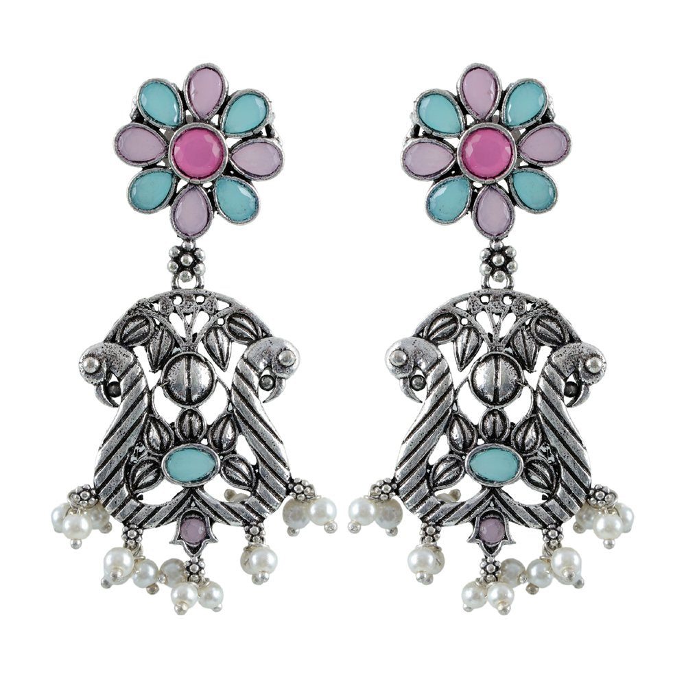 Oxidised Silver Pink & Sea Green Stone Peacock Earrings image 3