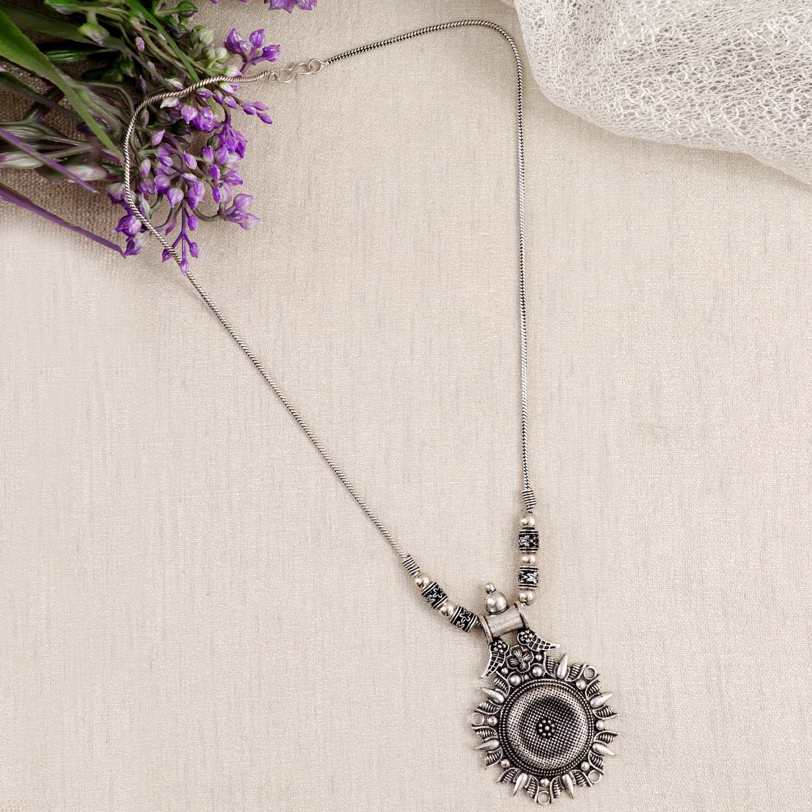 Oxidised Silver Long Sunflower Pendant Necklace image 0