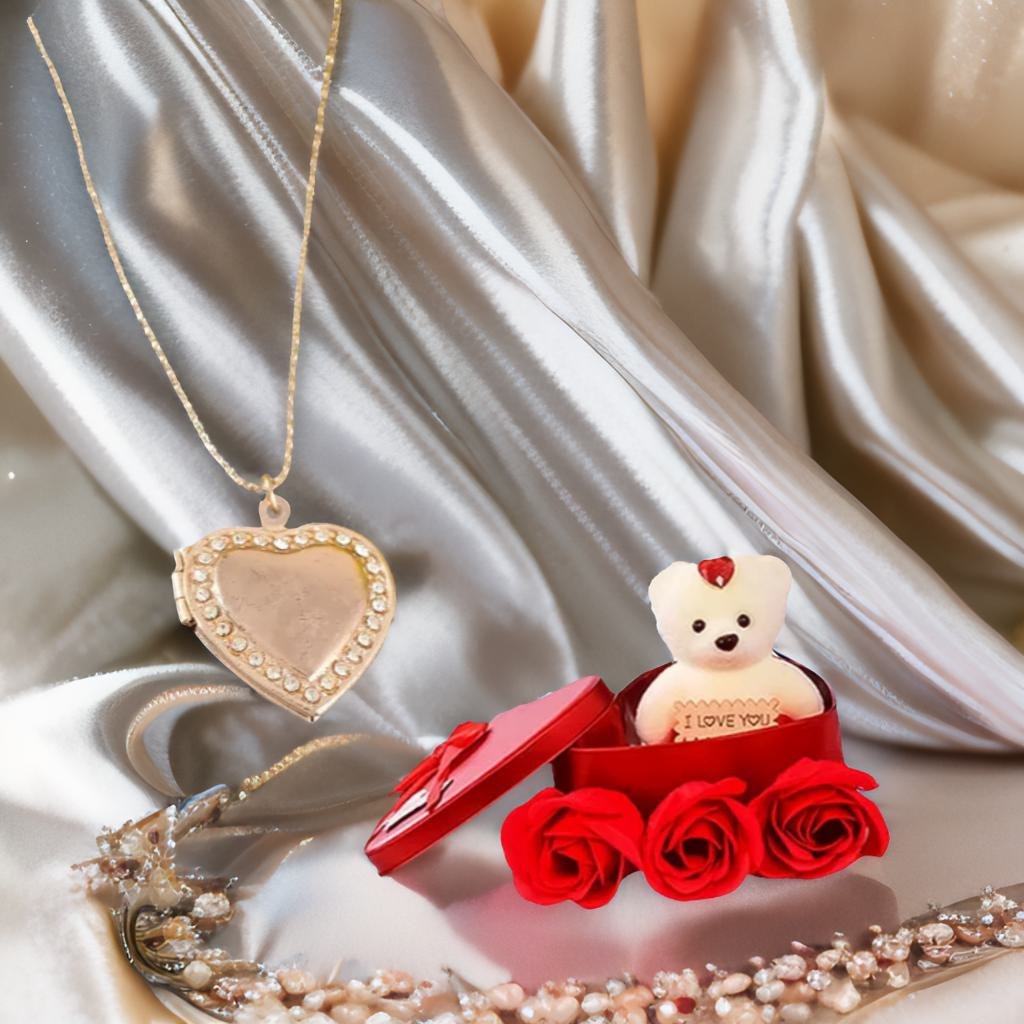 Heart Photo Frame Heart Pendant Chain & Red Teddy Bear Combo Gift Set image 1