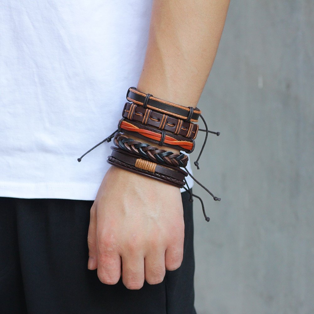 Brown Multi-String Leather Bracelet Set (Pack of 6) image 3