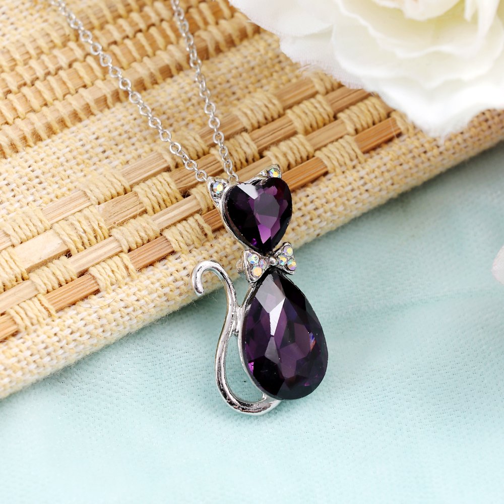 Silver-Plated Purple Crystal Cat Pendant Necklace image 2