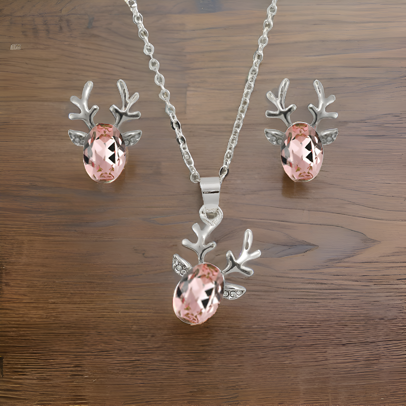Silver-Plated Peach Crystal Deer Design Necklace & Earring Set image 3