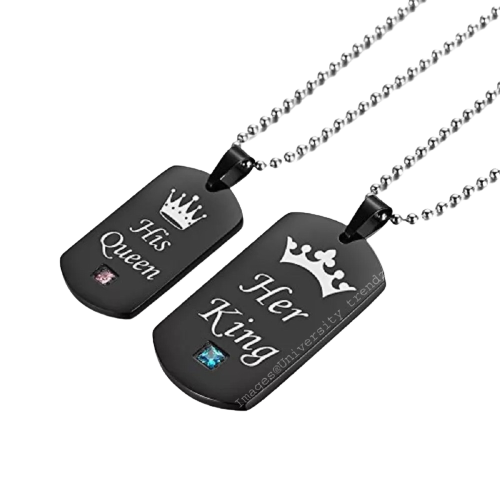 Silver Plated His Queen Her King Engraved Pendant Chain Necklace for Couples image 1
