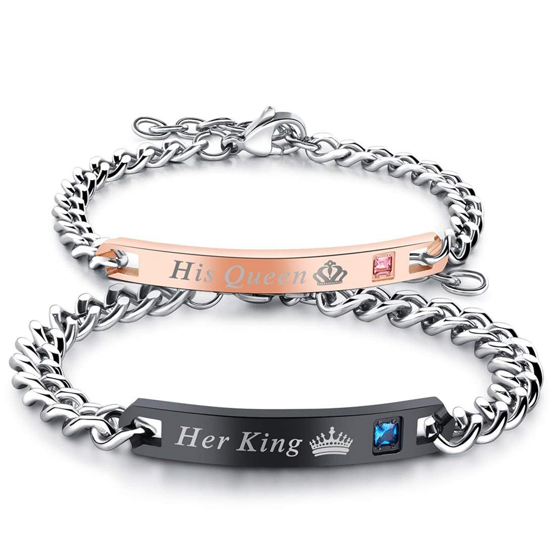 Oxidized Silver Link Chain King & Queen Couple Bracelet image 2