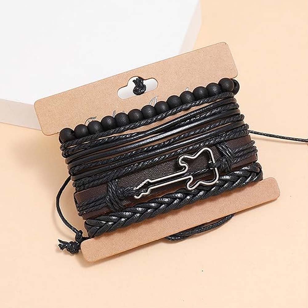 Men's Silver-Plated Guitar Beaded Leather Bracelet image 0
