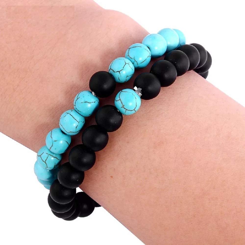 Onyx Turquoise Blue-Black Beads Stretch Friendship Reiki Bracelet for Men/Women image 1