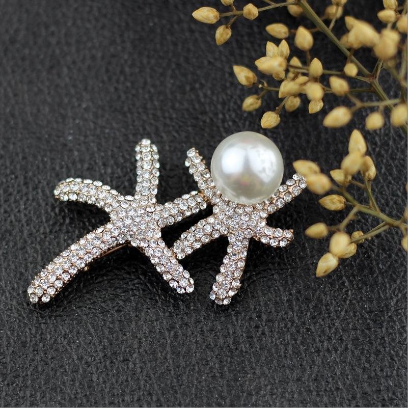 Gold-Plated Crystal/Pearl Dual Star Fish Brooch image 0
