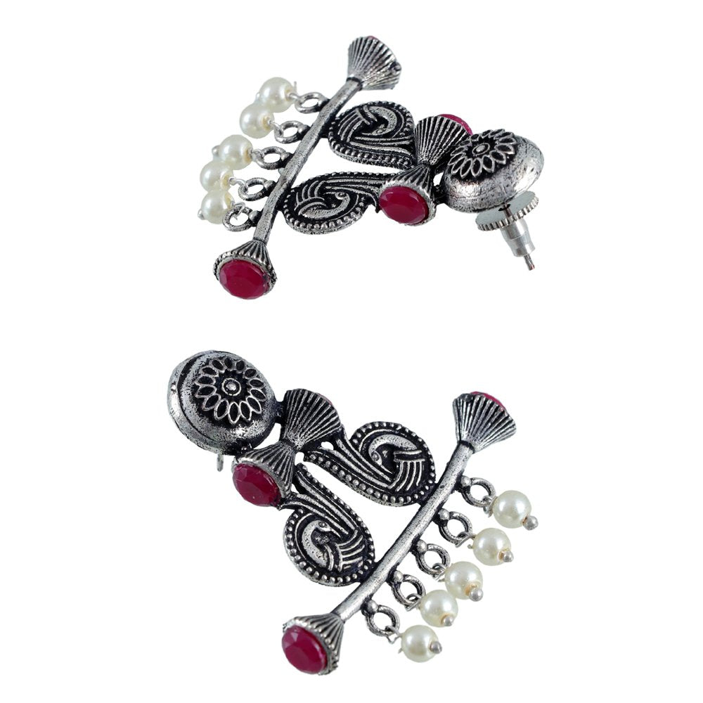 Oxidized Silver Peacock Drum Ball Pink Stone/White Pearl Earrings image 2