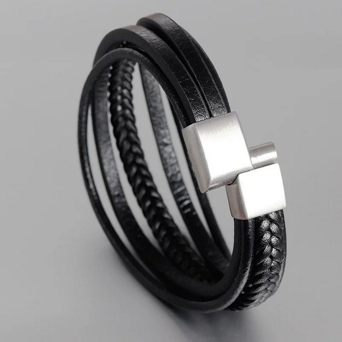 Black Braided Leather Bracelet with Stainless Steel Button Closure image 1