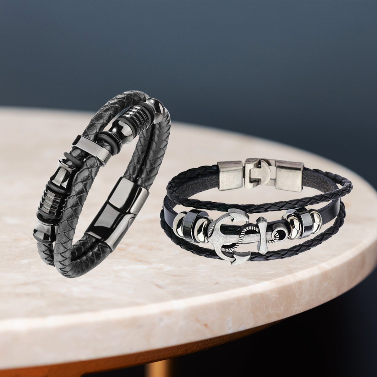 Men's Leather Silver-plated Black Bracelet Combo (Pack of 2) image 0