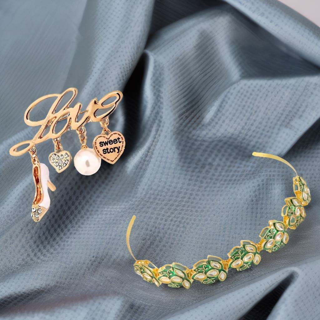 Gold-Plated  Lotus Design Studded Sheeshphool Hairband with Free Brooch Gift image 0