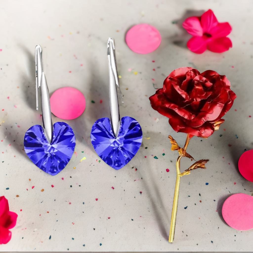 Heart Stud Drop Earrings With Red Rose Gift Combo Set image 0