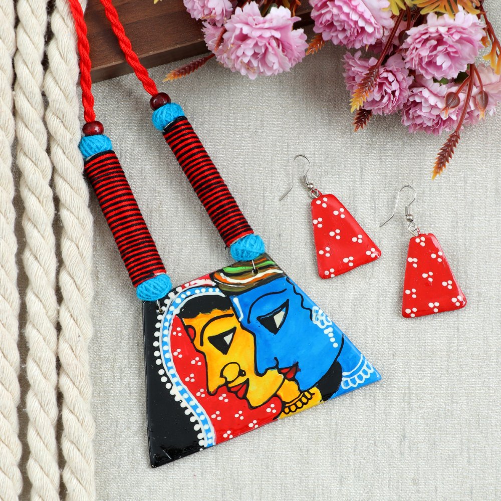Hand-Painted Krishna-Radha Terracotta Fabric Jewellery Set image 2