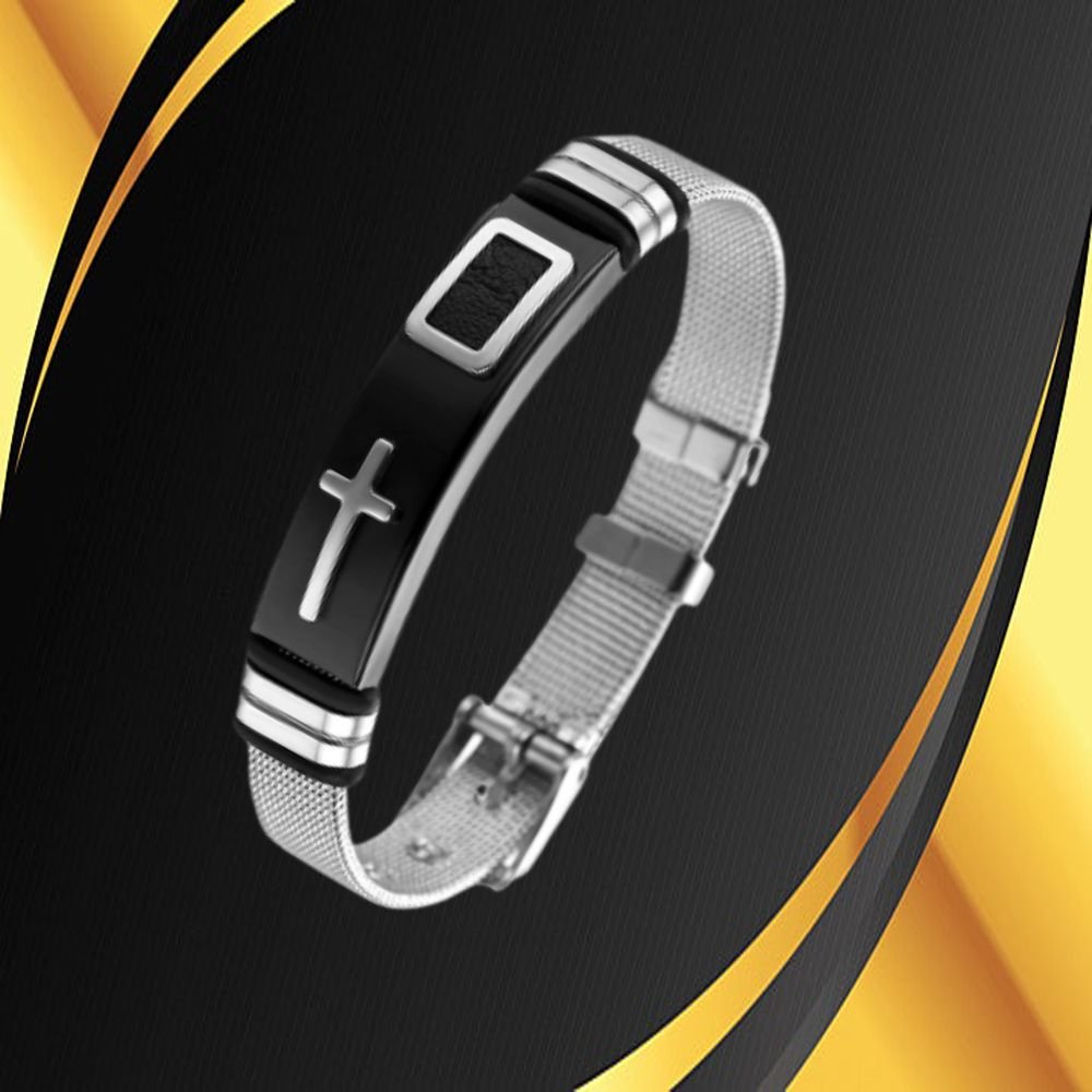 Men's Silver-Plated Mesh Cross Engraved Black Raised Bracelet image 1