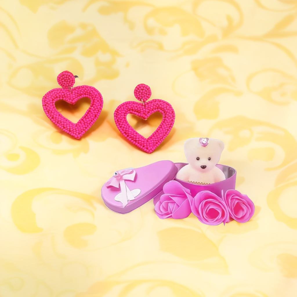 Handmade Pink Heart Earrings & Soft Pink Teddy Bear Combo Set image 2