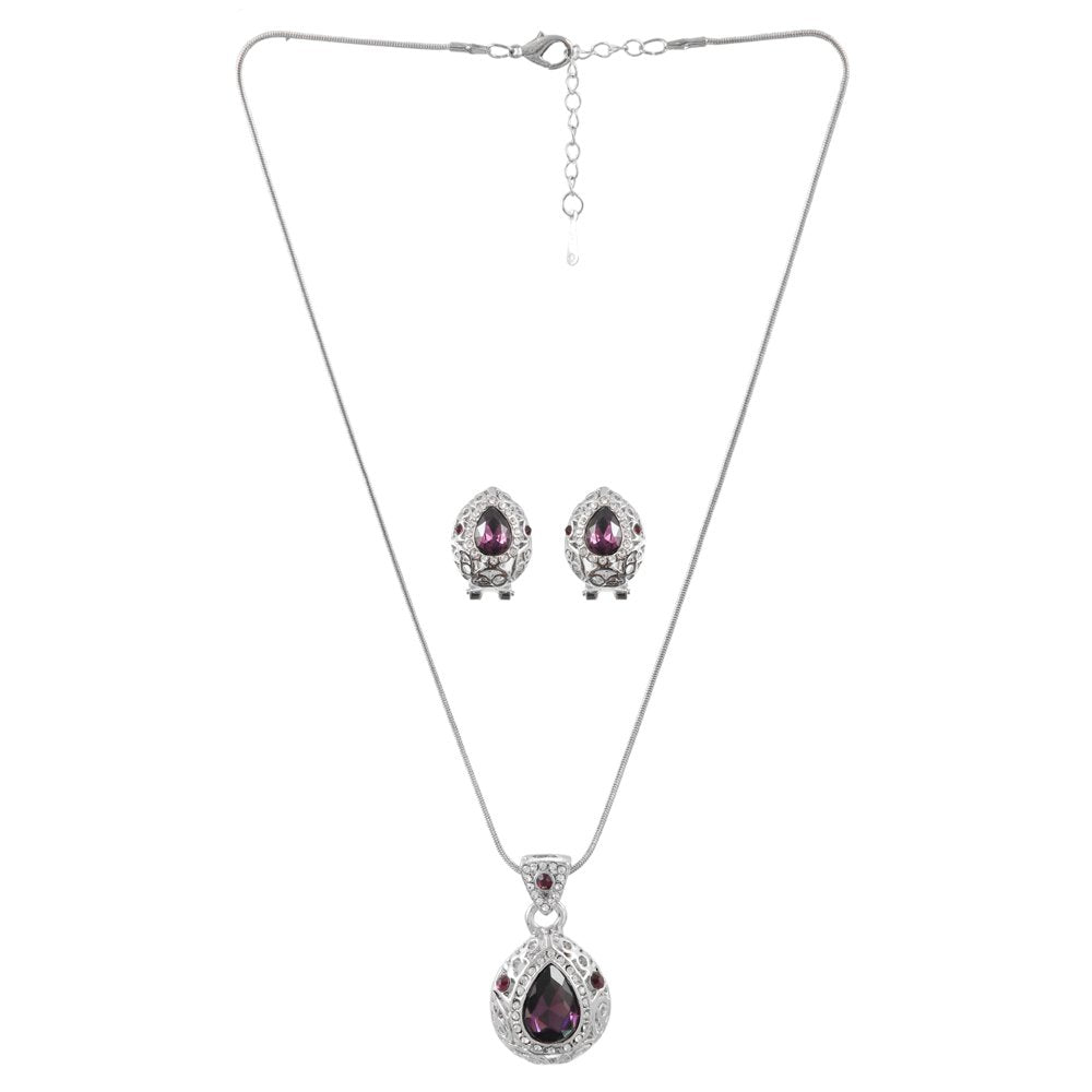 Silver-Plated Crystal Purple Teardrop Pendant Necklace and Earrings Set image 2