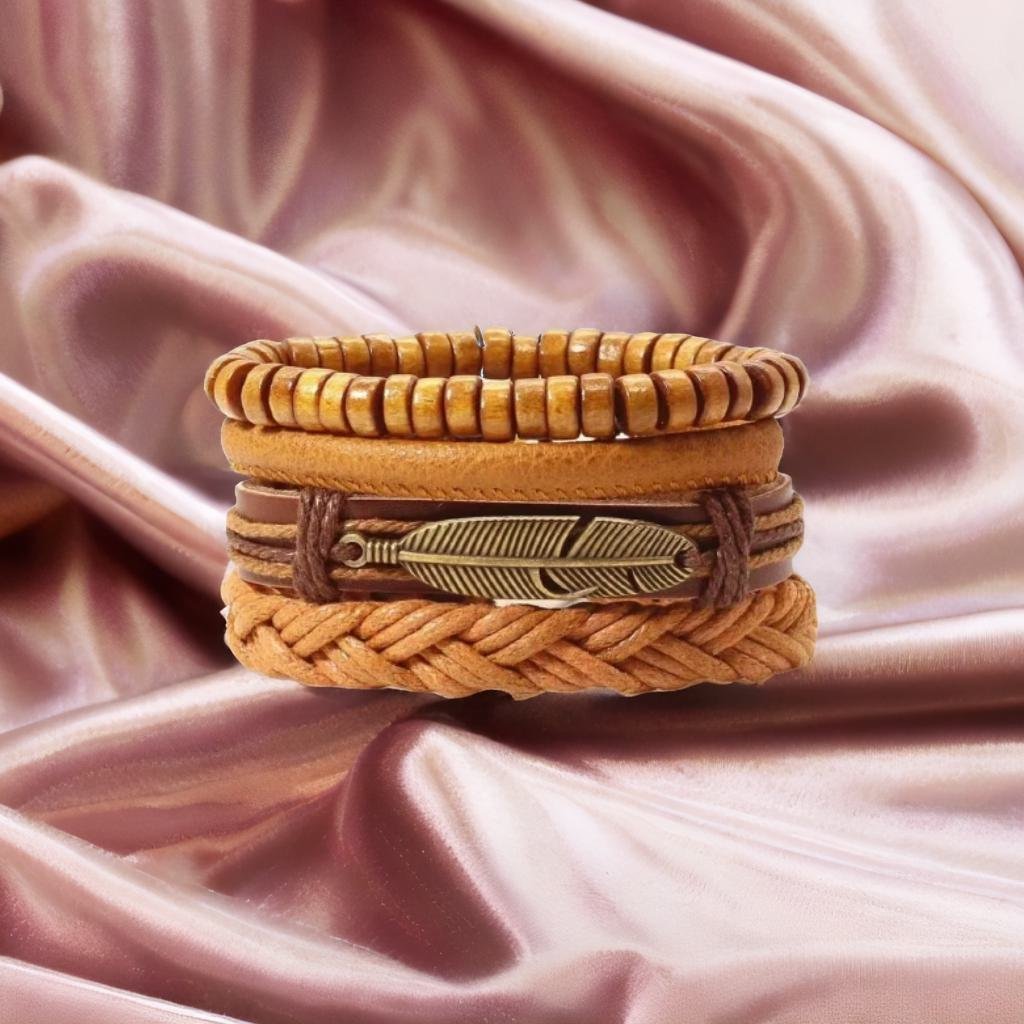 Bohemian Style Oxidized Silver Leaf Multistring Brown Wrap Bracelet For Men image 4