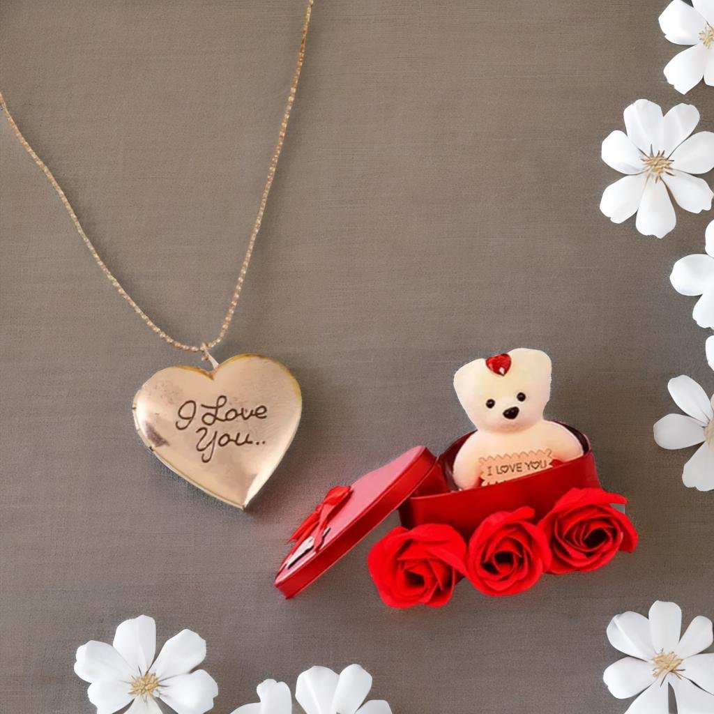 I Love Photo Frame Heart Pendant Chain & Red Teddy Bear Combo Gift Set image 1