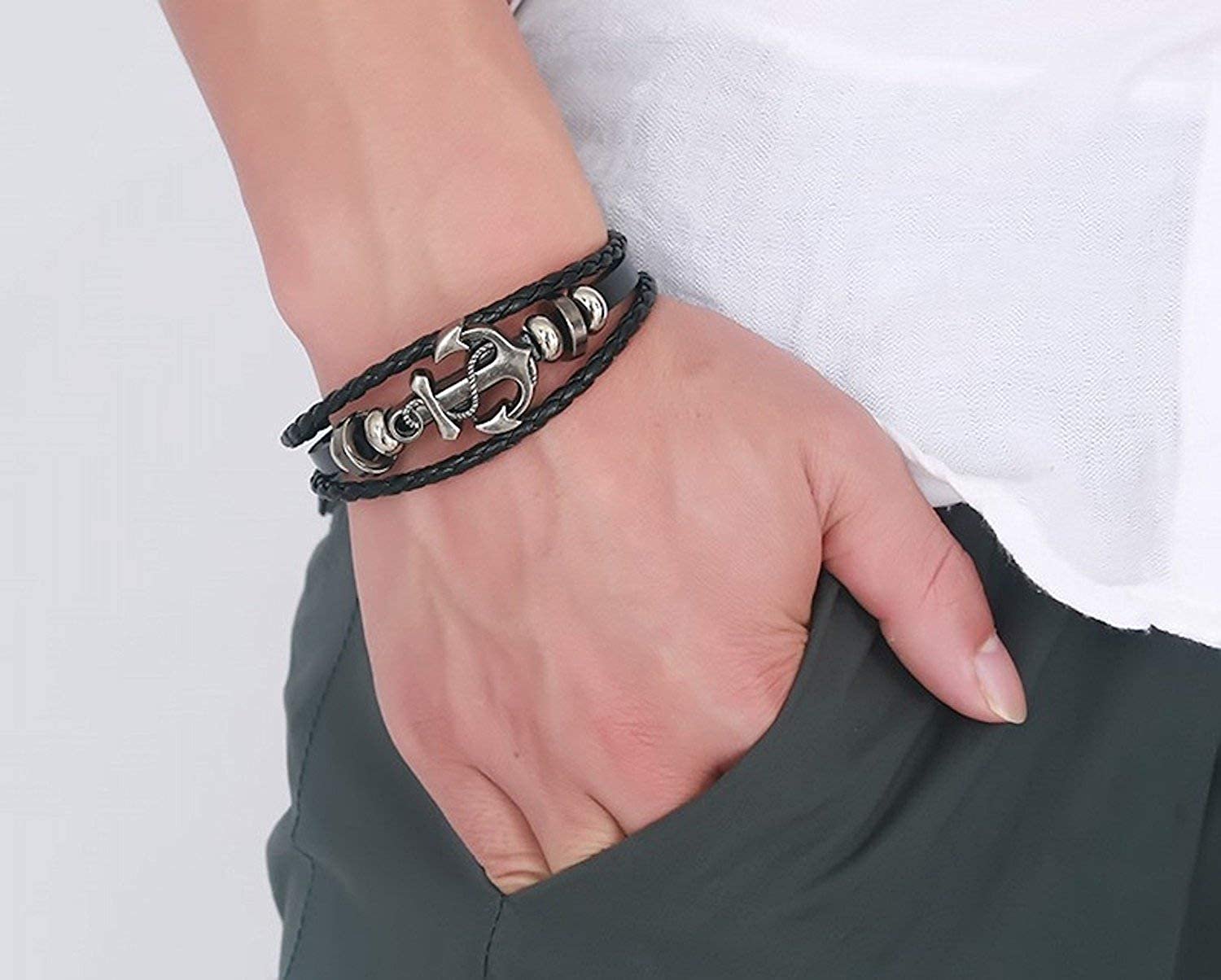 Oxidised Silver Anchor Black Adjustable Wrist Bracelet for Men image 2