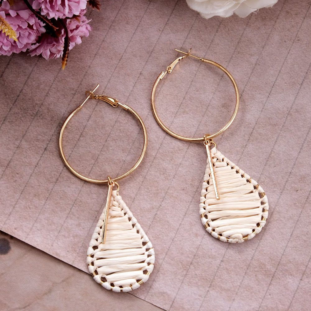 Contemporary Gold-Plated White Thread Leaf Hoop Earring for Women/Girls image 0