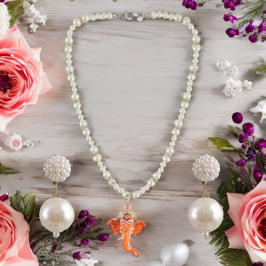 Gold-Plated Pearl Ganesh Pendant Necklace & Earrings (jewellery Set) image 0