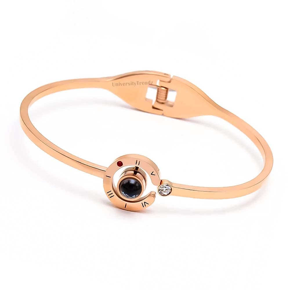 Rose-Gold Bracelet with 100 Language Black Crystal Clock image 6