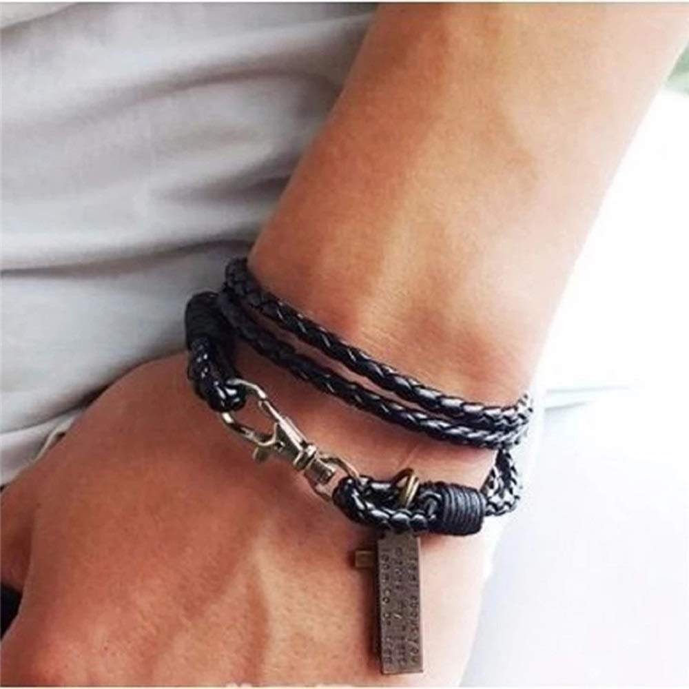 Black Leather Jesus Cross Bracelet for Men image 3