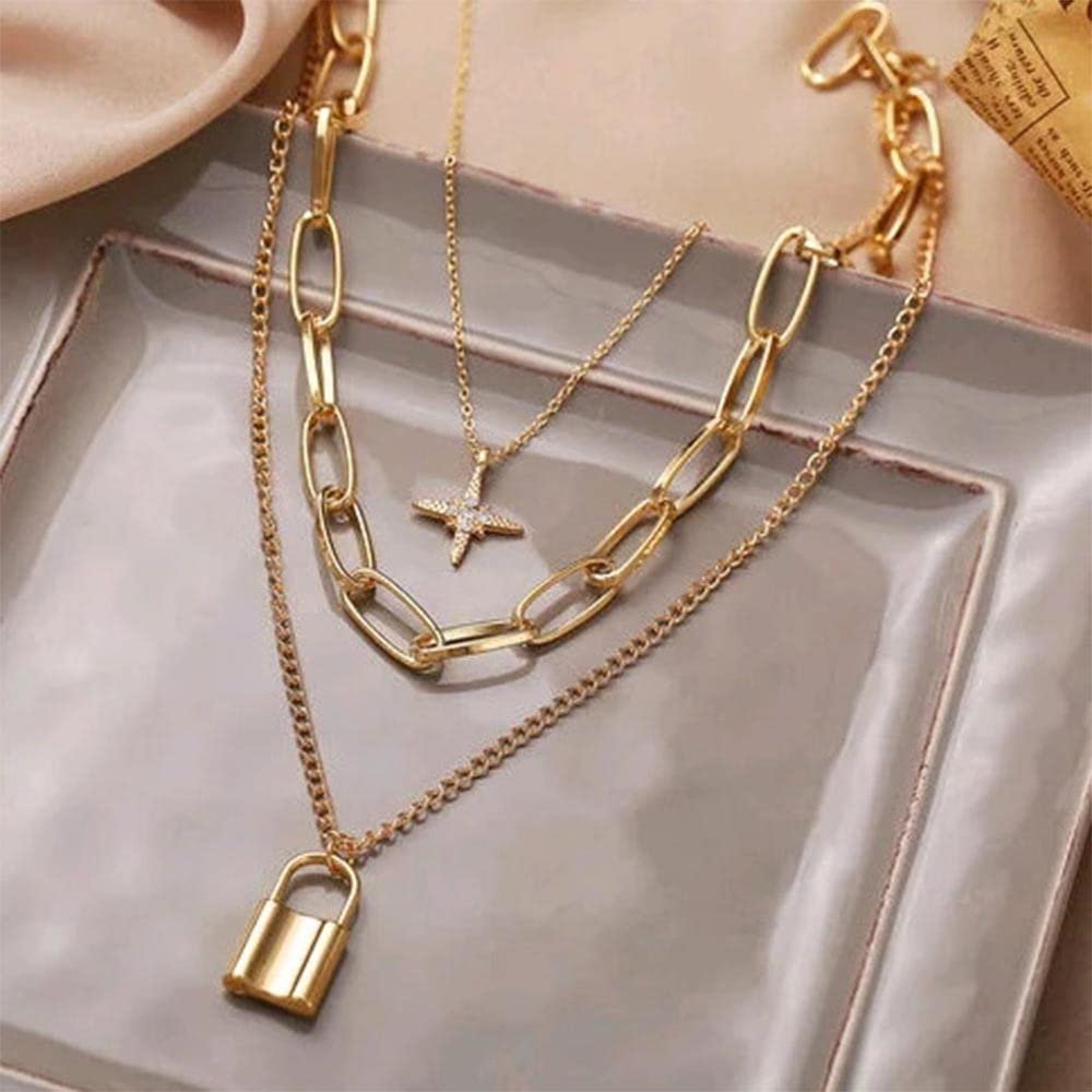 Gold-Plated Multilayer Star Lock Pendant Necklace For Women/Girl's image 2