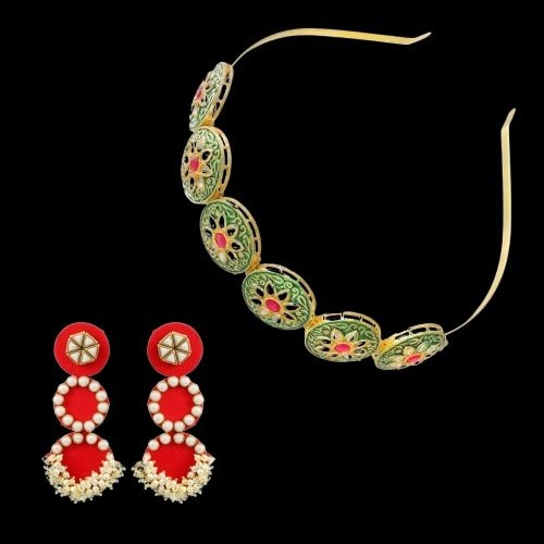 Ethnic Meenakari/Pearl Mathapatti Hairband and Earrings Set image 1