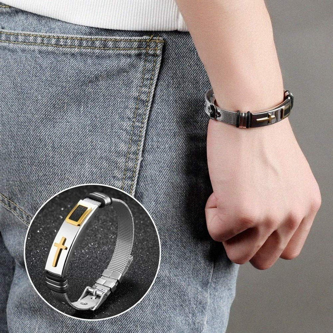 Men's Silver-Plated Mesh Cross Engraved Gold Raised Bracelet image 1