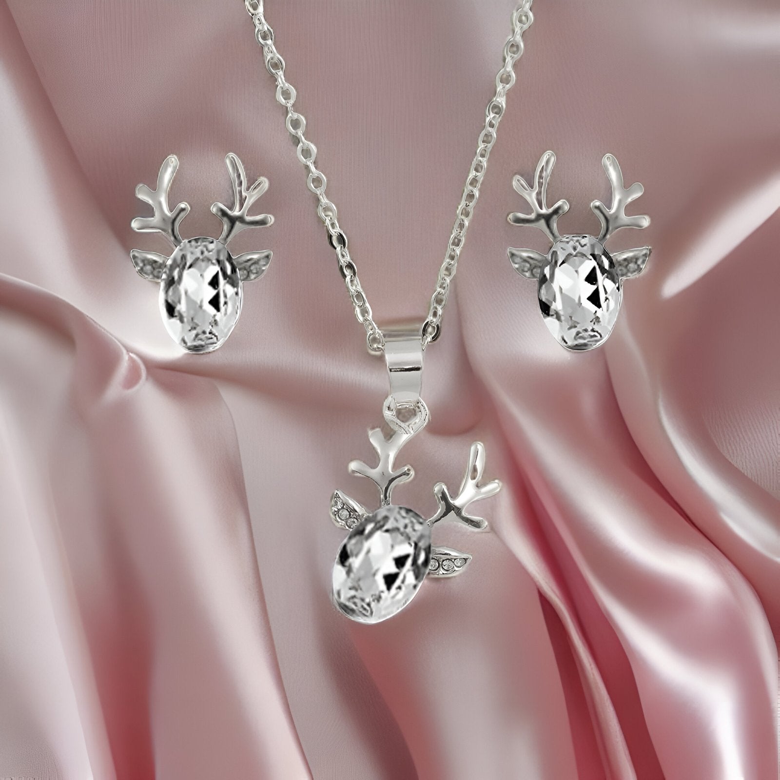 Silver-Plated White Crystal Deer Design Necklace & Earring Set image 3