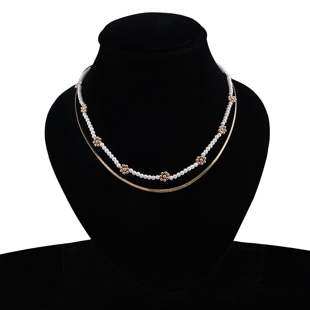 Gold-Plated Chain White Pearl Beaded Layered Necklace image 1