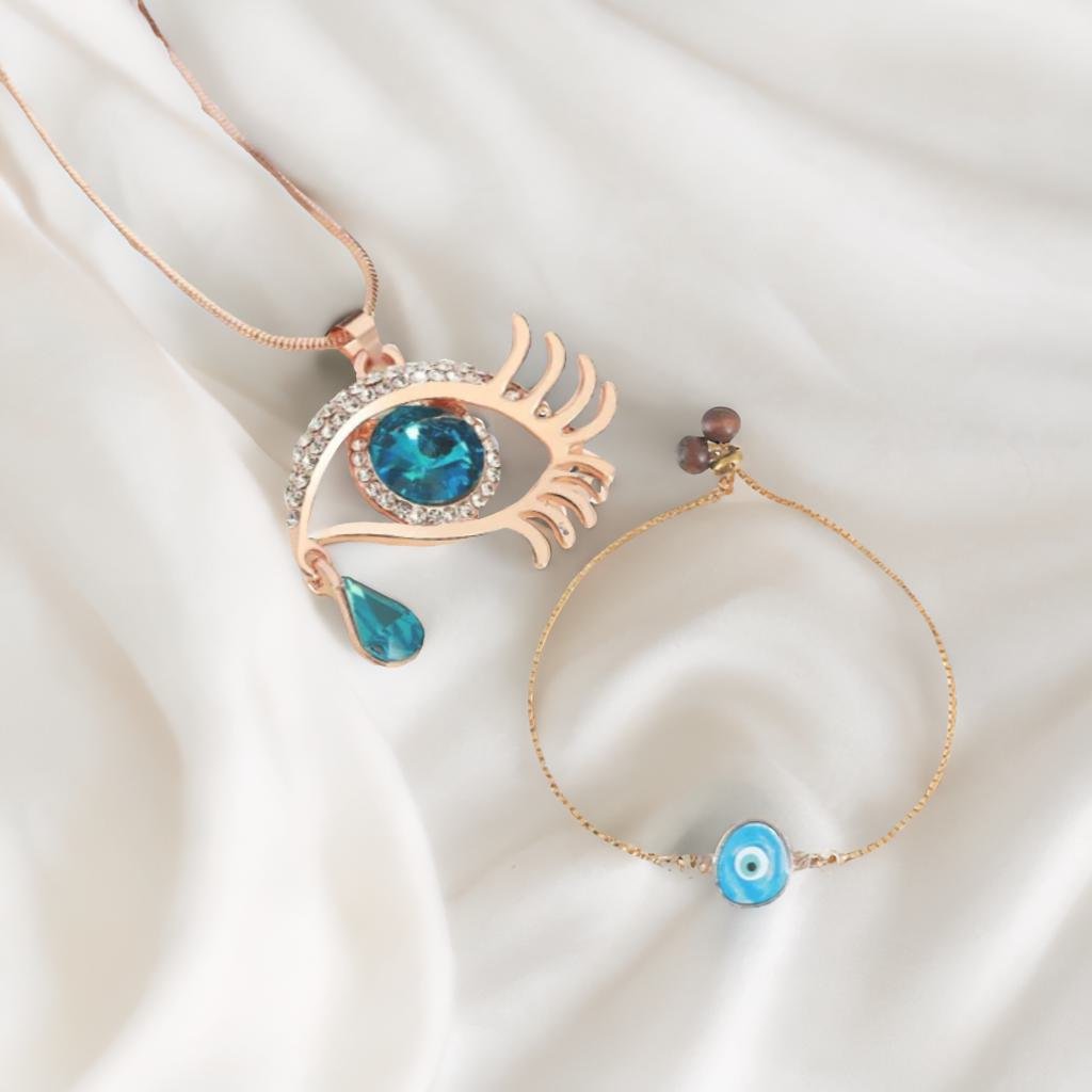Valentine's Day Jewelry Gift Set Angel Blue Eye Pendant Chain Necklace with Blue Evil Eye Bracelet image 1
