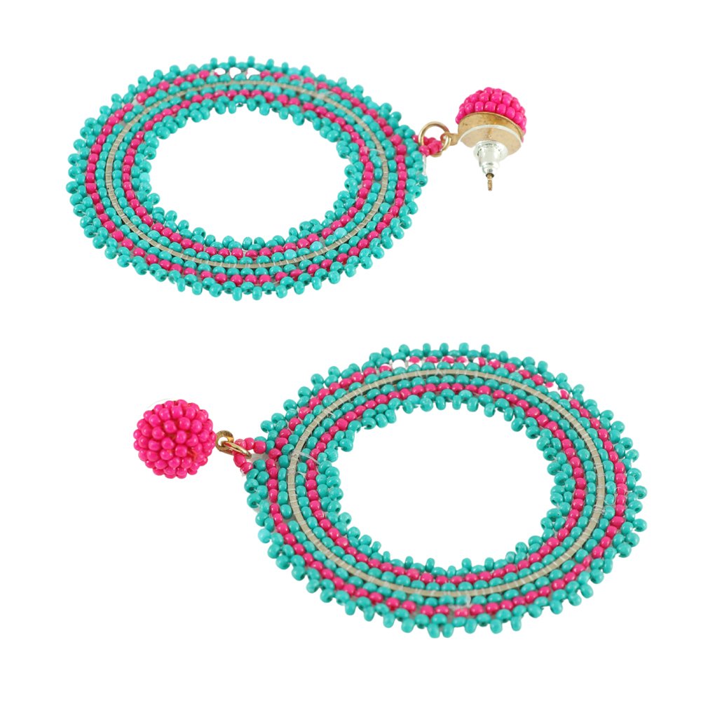 Pink & Green Beaded Drop & Dangler Earrings image 1