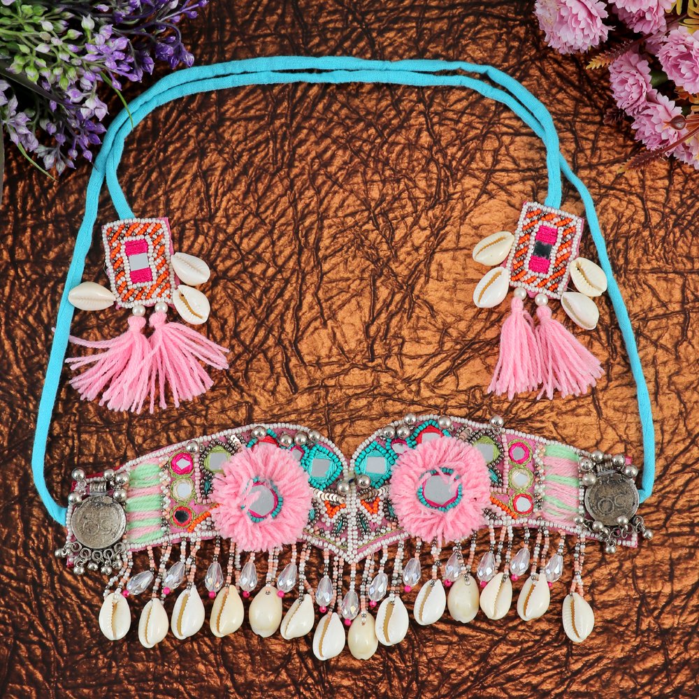 Pink Handcrafted Boho Mirrorwork Choker Necklace image 2