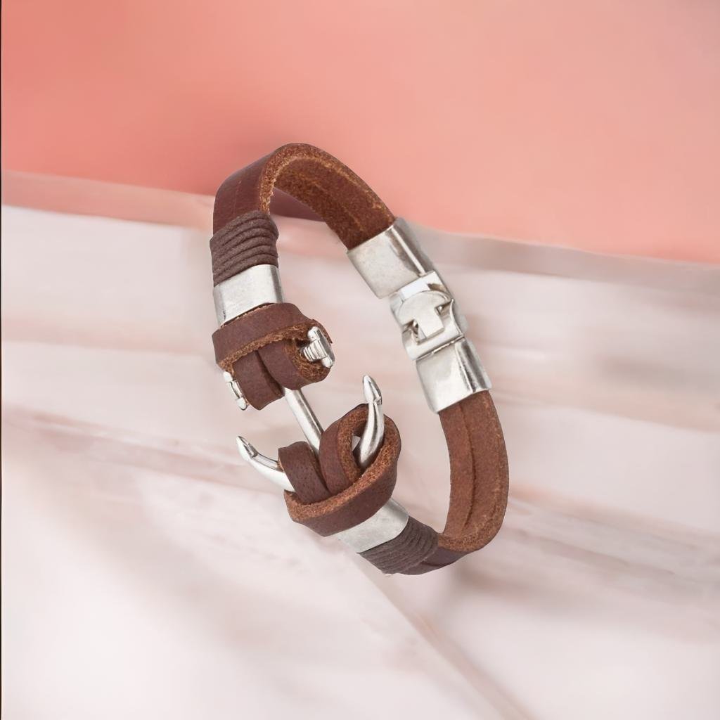 Unisex Silver-Plated Anchor Brown Leather Bracelet image 5